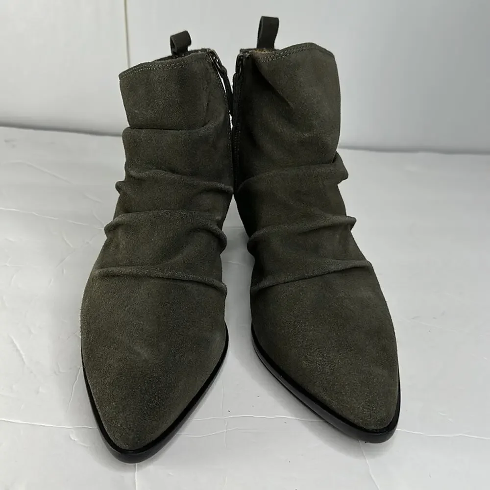 Kelsi Dagger Brooklyn Ego Suede Ankle Boots Olive Green Point Toe Block Heel 9